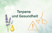 Grafik mit Lavendel, Öltropfen und Symbolen zum Thema Terpene und Gesundheit