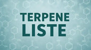 Banner mit der Aufschrift Terpene Liste, umgeben von chemischen Molekülstrukturen in einem wissenschaftlichen Design