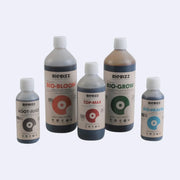 Biobizz Starterspack with ROOT-JUICE, BIO-BLOOM, TOP-MAX, BIO-GROW, and BIO-HEAVEN bottles for organic plant growth.