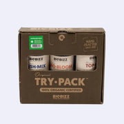 Biobizz Try Pack Outdoor consisting of Fish-Mix, Bio-Bloom, and Top-Max for organic gardening.