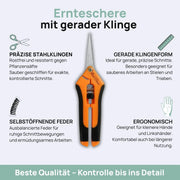 Ernteschere mit gerader Klinge aus rostfreiem Stahl, ergonomischem Griff und selbstöffnender Feder für präzise Schnitte.