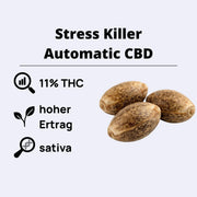 Stress Killer Automatic CBD Samen mit 11% THC, hohem Ertrag und Sativa-Anteil.